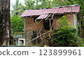 Rustic Bamboo Hut with Red Roof in Tropical Setting Remote Living 123899961