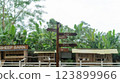 Directional wooden sign at tropical farm destination for visitors 123899966