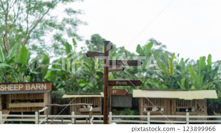 Directional wooden sign at tropical farm destination for visitors 123899966