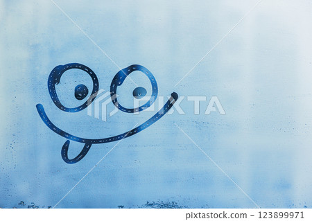 Doodle smile funny face on blue foggy glass window, copy space 123899971