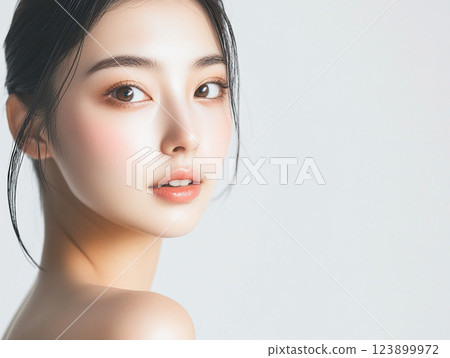 Portrait of a beautiful woman looking back over her shoulder 123899972