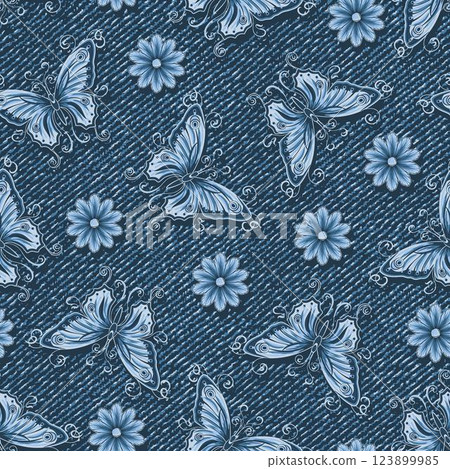 Seamless denim pattern with flying butterflies with spread wings, curled antennae, scattered chamomile flower. Random composition. Boho style. Dotted textured background. Seamless denim pattern with flying butterflies with spread wings, curled antennae, scattered chamomile flower. Random composition. Boho style. Dotted textured background. 123899985