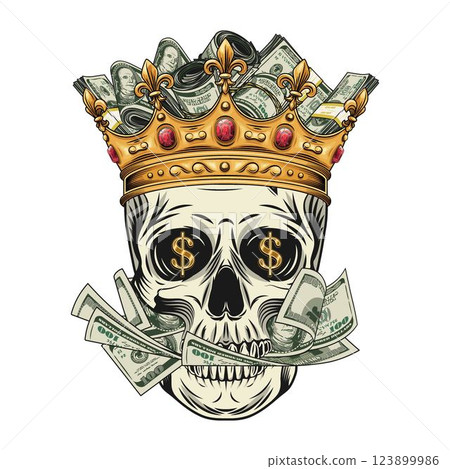 Composition with human skull in golden crown, with mouth full of cash money, 100 dollar bills. Concept of money power. Vintage style Composition with human skull in golden crown, with mouth full of cash money, 100 dollar bills. Concept of money power. Vintage style 123899986