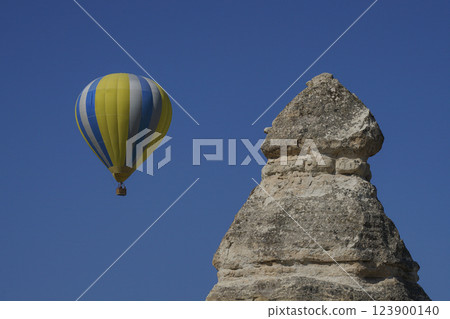 A popular holiday destination, a natural wonder. A holiday destination where you can travel in the sky with hot air balloons. Impressive view of hot air balloons and fairy chimneys. 123900140