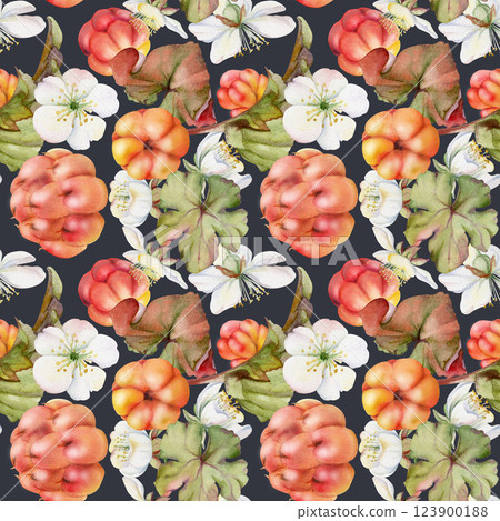 Cloudberry raspberry with white flowers, autumn leaves hand drawn in watercolor, red ripe forest berry on stems. Seamless pattern tile illustration. Restaurant, cafe menu, wedding, farmers market Cloudberry raspberry with white flowers, autumn leaves hand drawn in watercolor, red ripe forest berry on stems. Seamless pattern tile illustration. Restaurant, cafe menu, wedding, farmers market 123900188