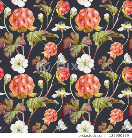 Cloudberry raspberry with white flowers, autumn leaves hand drawn in watercolor, red ripe forest berry on stems. Seamless pattern tile isolated on dark. Restaurant, cafe menu, wedding, farmers market 123900189