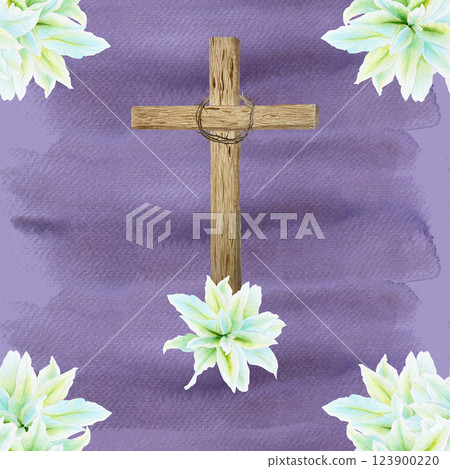 Wooden cross with crown of thorns and white lily watercolor seamless pattern on purple background. Illustration perfect for Easter, Holy Thursday, christening baptism, wrapping paper, decor and design Wooden cross with crown of thorns and white lily watercolor seamless pattern on purple background. Illustration perfect for Easter, Holy Thursday, christening baptism, wrapping paper, decor and design 123900220