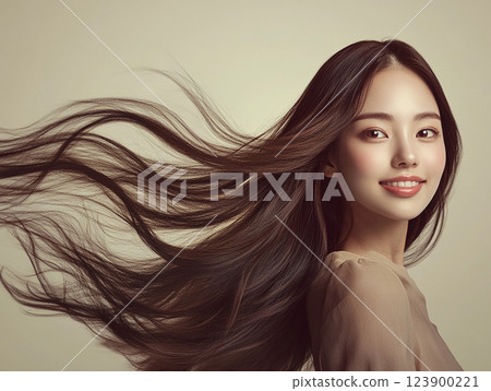 Portrait photo of beautiful woman smiling and long hair blowing in the wind 123900221