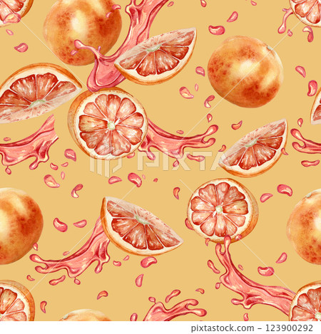 Red grapefruit segments and splash juice watercolor seamless pattern isolated on yellow. Pieces of ripe citrus hand drawn on repeated texture. Fresh juicy tropical fruits background for textile. 123900292
