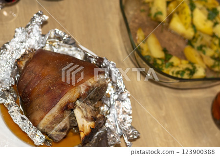 Close up shot of the roasted pork knuckle 123900388