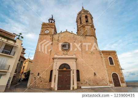 Close-up of the historic church facade in Sitges, Spain Close-up of the historic church facade in Sitges, Spain 123900435