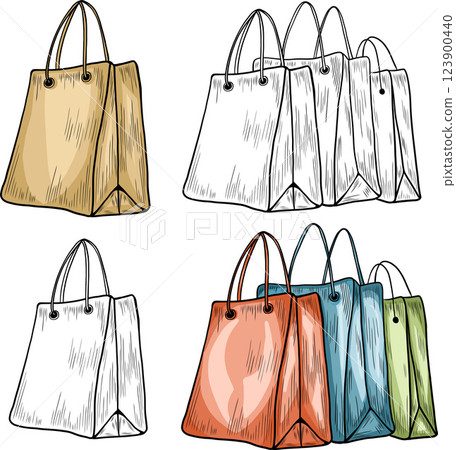Shopping bags icon set with stroke line, paper bags icon, vector, silhouette. Package design, Grocery bag, Online Shop Symbol, Paper hand bag, gift bag illustration. Vector illustration. 123900440