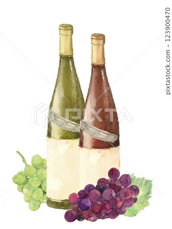 紅白葡萄酒瓶和葡萄的水彩插圖[手繪]白色背景透明背景可用影印空間 123900470