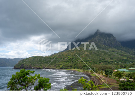 Atuona Bay and Mount Temetiu, Hiva Oa, French Polynesia 123900750