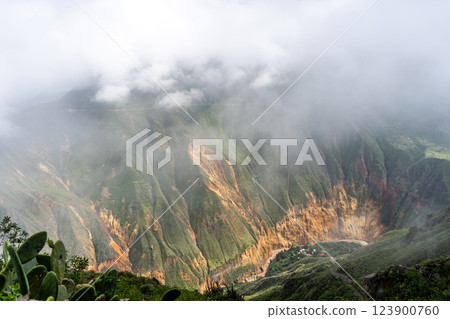 Colca Canyon and river in the mist and clouds, Peru 123900760