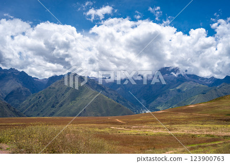 Majestic mountains and valley landscapes in the Sacred Valley, Peru 123900763