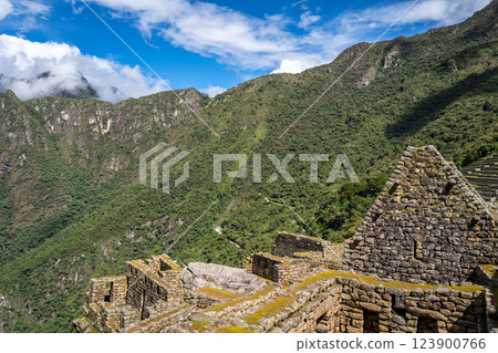 Ancient terraces and stone walls inside the Machu Picchu site in Peru Ancient terraces and stone walls inside the Machu Picchu site in Peru 123900766