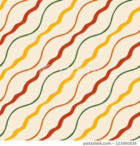 Colorful diagonal wavy stripes vector seamless pattern. Modern minimal repeat design with hand drawn curved lines on cream background. Simple geometric tile for kids apparel, home textile, media 123900836