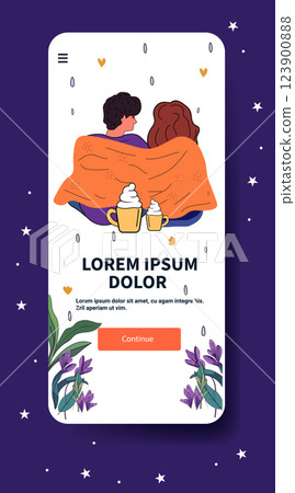 Couple wrapped in blanket sharing warmth togetherness cozy scene with hot drinks floral accents night sky mobile app design 123900888