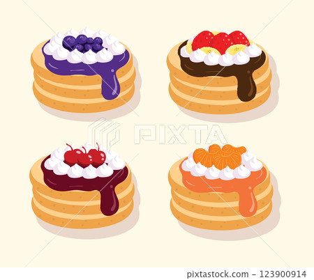 Vector Illustration of Pancake Stacks with Various Fruit Toppings and Whipped Cream 123900914