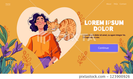 Woman with cat heart-shaped background harmony. A relaxed woman with closed eyes and a sleeping cat in a heart shape surrounded by plants on a warm background. Website design template 123900926