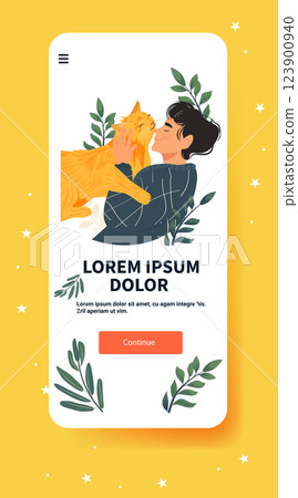 Cat and person embracing connection love. Young person cuddling orange cat surrounded by leaves on mobile app screen with yellow background and stars 123900940