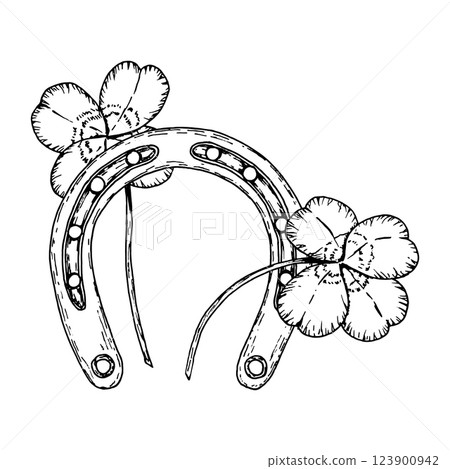 Hand-drawn black and white illustration of a classic horseshoe decorated with two lucky four-leaf clovers. A powerful symbol of fortune, prosperity, and Irish folklore, ideal for St. Patrick s Day Hand-drawn black and white illustration of a classic horseshoe decorated with two lucky four-leaf clovers. A powerful symbol of fortune, prosperity, and Irish folklore, ideal for St. Patrick s Day 123900942