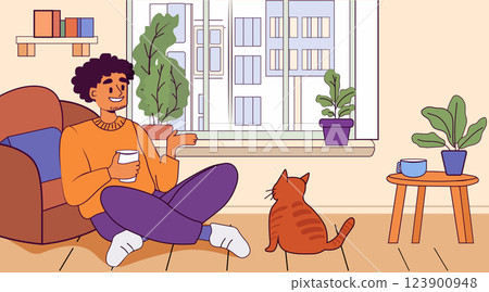 Cozy home scene man with cat enjoying relaxation sitting on floor near window surrounded by plants and furniture warm colors indoor setting Cozy home scene man with cat enjoying relaxation sitting on floor near window surrounded by plants and furniture warm colors indoor setting 123900948