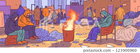Homeless people around fire urban setting community warmth detailed scene with individuals in winter clothing surrounded by bags and buildings colorful background 123900960
