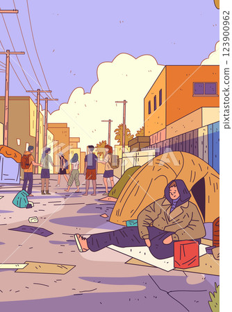 Homelessness urban street scene with people. A person sits by a tent while a group interacts nearby. Buildings and utility poles in the background. Warm colors 123900962
