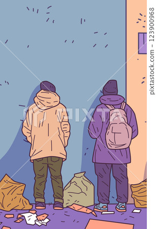 Homeless people standing against wall urban scene debris colorful clothing minimalistic street art style Homeless people standing against wall urban scene debris colorful clothing minimalistic street art style 123900968