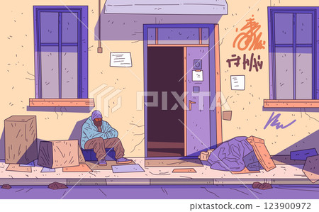 Homelessness urban street scene man sitting cardboard boxes graffiti wall pastel colors digital art Homelessness urban street scene man sitting cardboard boxes graffiti wall pastel colors digital art 123900972