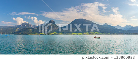 landscape with Lake Wolfgangsee, mountains with mount Sparber, view from the town of Sankt Wolfgang, Austria 123900988
