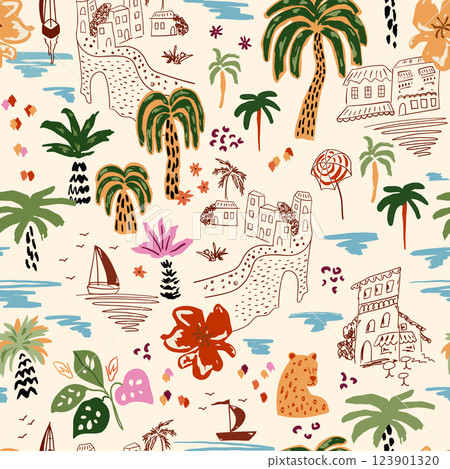 Tropical summer vibes with palm tree, sea island, sail boat, coastal urban sketching. Cute hand-drawn vector seamless pattern Tropical summer vibes with palm tree, sea island, sail boat, coastal urban sketching. Cute hand-drawn vector seamless pattern 123901320