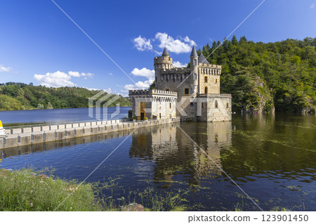 Water castle Chateau de la Roche, Auvergne-Rhone-Alpes, Loire department, France 123901450