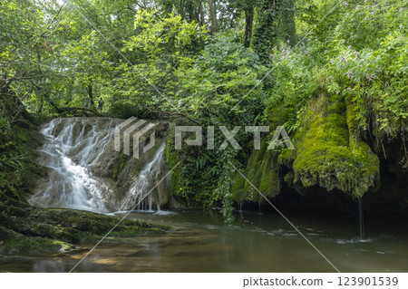 Waterfall Cascade d'Autoire near Autoire in French highlands, departement Lot, Midi-Pyrenees, France 123901539