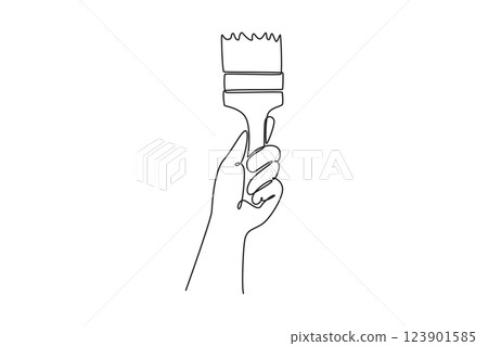 Single one line drawing hand of young carpenter male holding paint brush in worksite. Handyman tools for home construction or renovation. Modern continuous line draw design graphic vector illustration Single one line drawing hand of young carpenter male holding paint brush in worksite. Handyman tools for home construction or renovation. Modern continuous line draw design graphic vector illustration 123901585