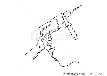 Continuous one line drawing hand of worker builder male holding electric power drill. Handyman tools for home construction and renovation concept. Single line draw design vector graphic illustration Continuous one line drawing hand of worker builder male holding electric power drill. Handyman tools for home construction and renovation concept. Single line draw design vector graphic illustration 123901590