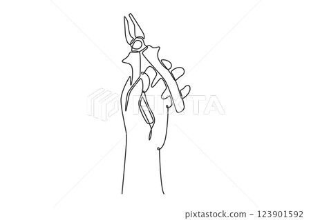Continuous one line drawing hand of young male carpenter holding pliers in workshop. Handyman tools for cutting or pincers wire at home renovation. Single line draw design vector graphic illustration Continuous one line drawing hand of young male carpenter holding pliers in workshop. Handyman tools for cutting or pincers wire at home renovation. Single line draw design vector graphic illustration 123901592