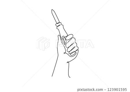 Single continuous line drawing hand of young worker holding screwdriver. Handyman tools for tighten bolts or nuts at repairing installation electronic. One line draw graphic design vector illustration Single continuous line drawing hand of young worker holding screwdriver. Handyman tools for tighten bolts or nuts at repairing installation electronic. One line draw graphic design vector illustration 123901595