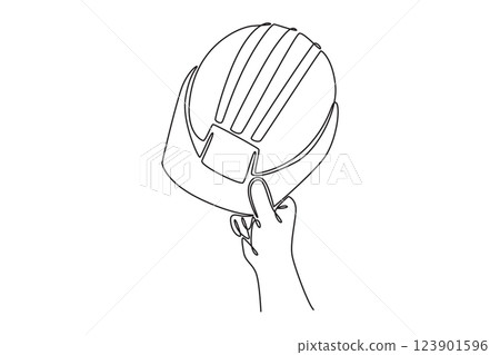 Continuous one line drawing hand of repairman holding construction helmet. Protective hard hat equipment for safety worker at site or job activity. Single line draw design vector graphic illustration Continuous one line drawing hand of repairman holding construction helmet. Protective hard hat equipment for safety worker at site or job activity. Single line draw design vector graphic illustration 123901596