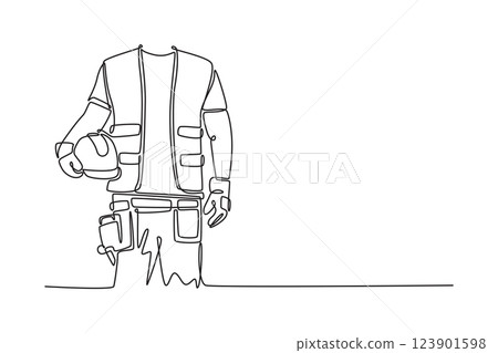 Single continuous line drawing male architect hand holding safety helmet or hard hat at site. Construction worker man with vest and protective gloves. One line draw graphic design vector illustration Single continuous line drawing male architect hand holding safety helmet or hard hat at site. Construction worker man with vest and protective gloves. One line draw graphic design vector illustration 123901598