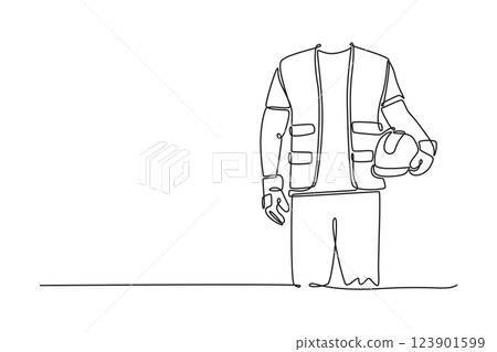 Single continuous line drawing architect engineer man hand holding safety hard hat at construction site. Worker helmet civil construction engineering. One line draw graphic design vector illustration 123901599