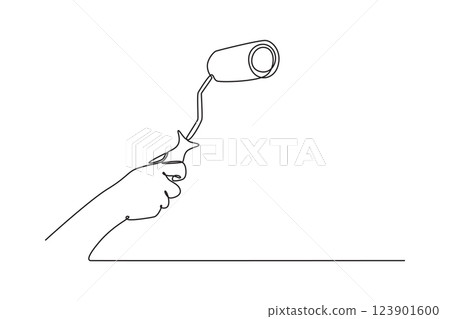 Single continuous line drawing hand of young carpenter painting house wall with paint roller. Handyman wall decor renovation service concept. Dynamic one line draw graphic design vector illustration 123901600