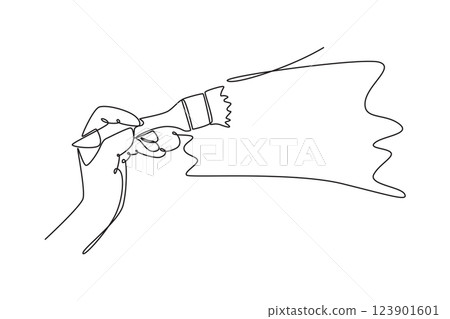 Single continuous line drawing hand of young workman painting house wall decoration with paint brush. Painting wall renovation service concept. Dynamic one line draw graphic design vector illustration 123901601