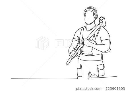 Single one line drawing young construction worker holding sledgehammer for repair highrise building. Builder with hammer working at site. Modern continuous line draw design graphic vector illustration 123901603