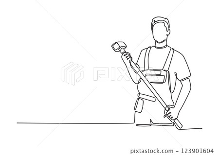 Single continuous line drawing professional construction worker holding sledgehammer for tunnel building. Builder with hammer standing at site. Dynamic one line draw graphic design vector illustration 123901604
