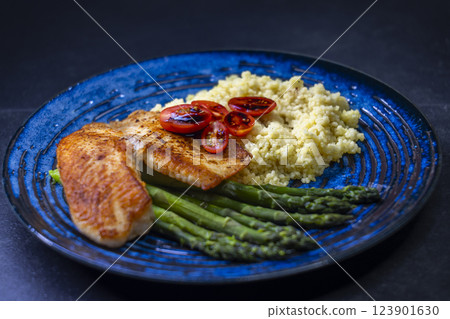 Green asparagus with fish fillet and couscous Green asparagus with fish fillet and couscous 123901630