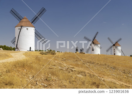 Windmills near Mota del Cuervo, Toledo, Castilla La Mancha, Spain Windmills near Mota del Cuervo, Toledo, Castilla La Mancha, Spain 123901636
