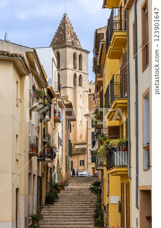 Narrow alley with steps and view to parish church St Cross in the old town of Palma, Majorca, Mallorca, Balearic Islands, Spain, Europe 123901647